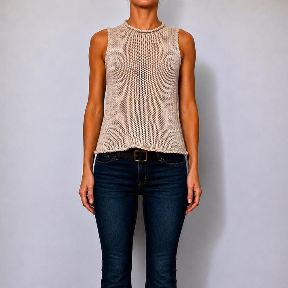 Eileen Fisher 100% Linen Open Knit Sleeveless Mock Neck Coastal Tank Size PM